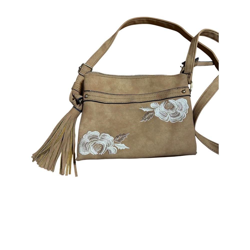 Tan Faux Suede‎ Floral Embroidered Crossbody Bag with Tassel Accent Boho Style